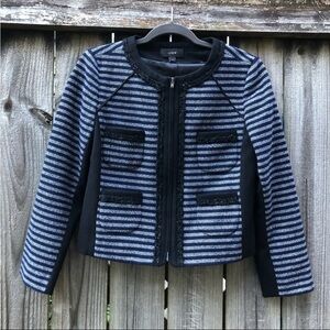 J.Crew Striped Wool-Blend Zip-Up Lady Jacket with Fringe Trim - Navy/Cream Sz 2